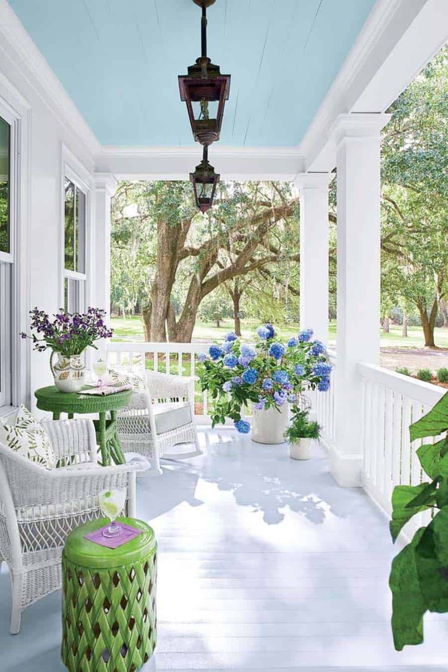front porch with fresh spring vibes and a haint blue ceiling