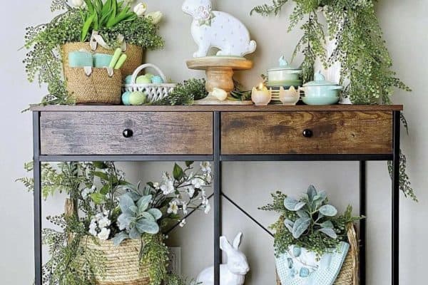 easter garden display on a console table