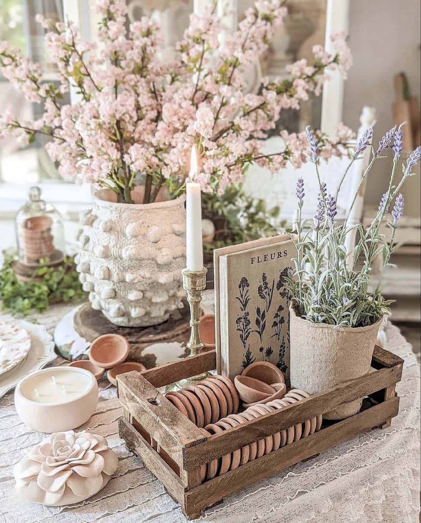 dining table styled with spring decorations