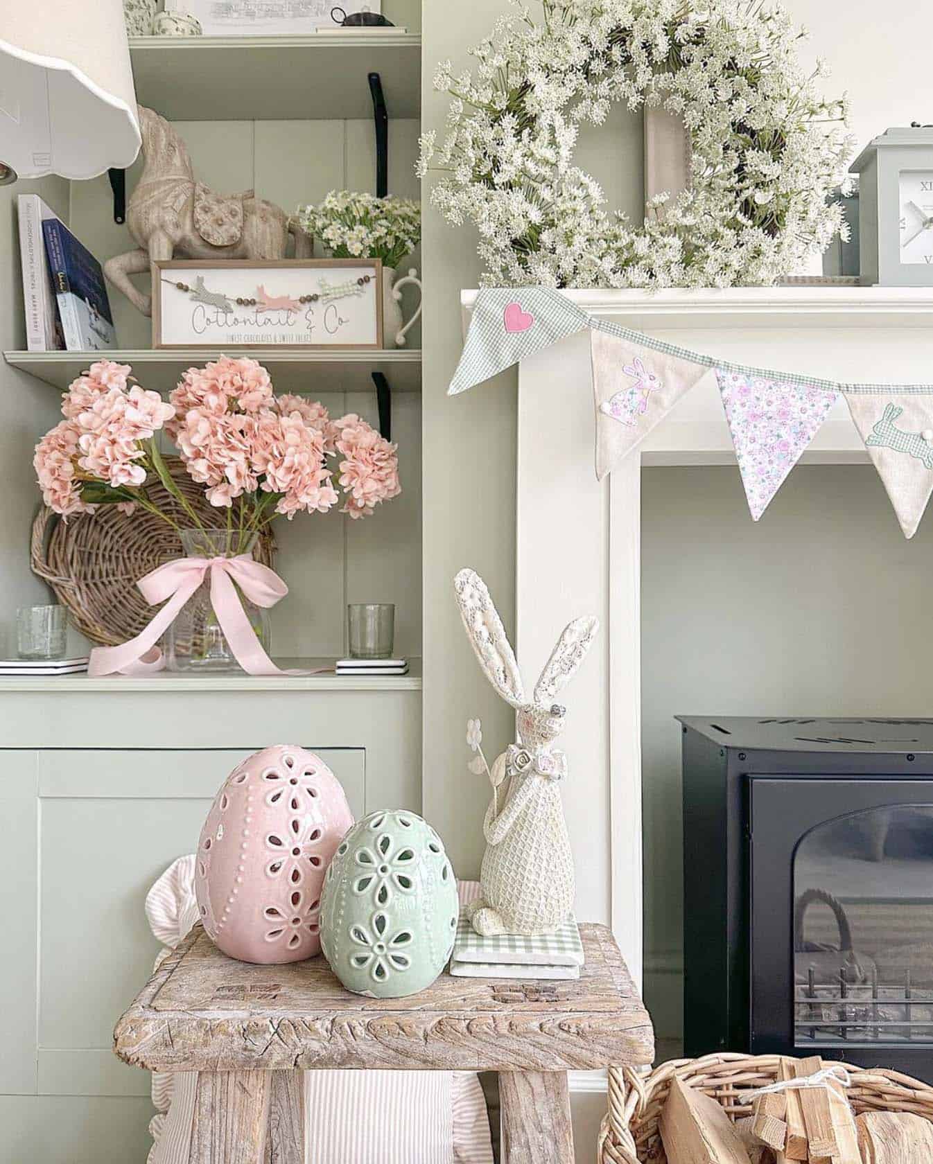 fireplace mantel decorated for spring
