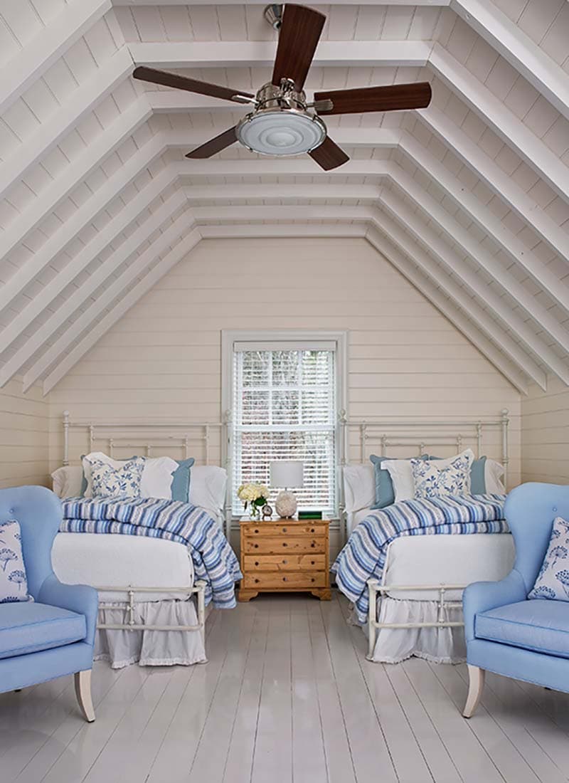 traditional coastal style attic guest bedroom with two beds