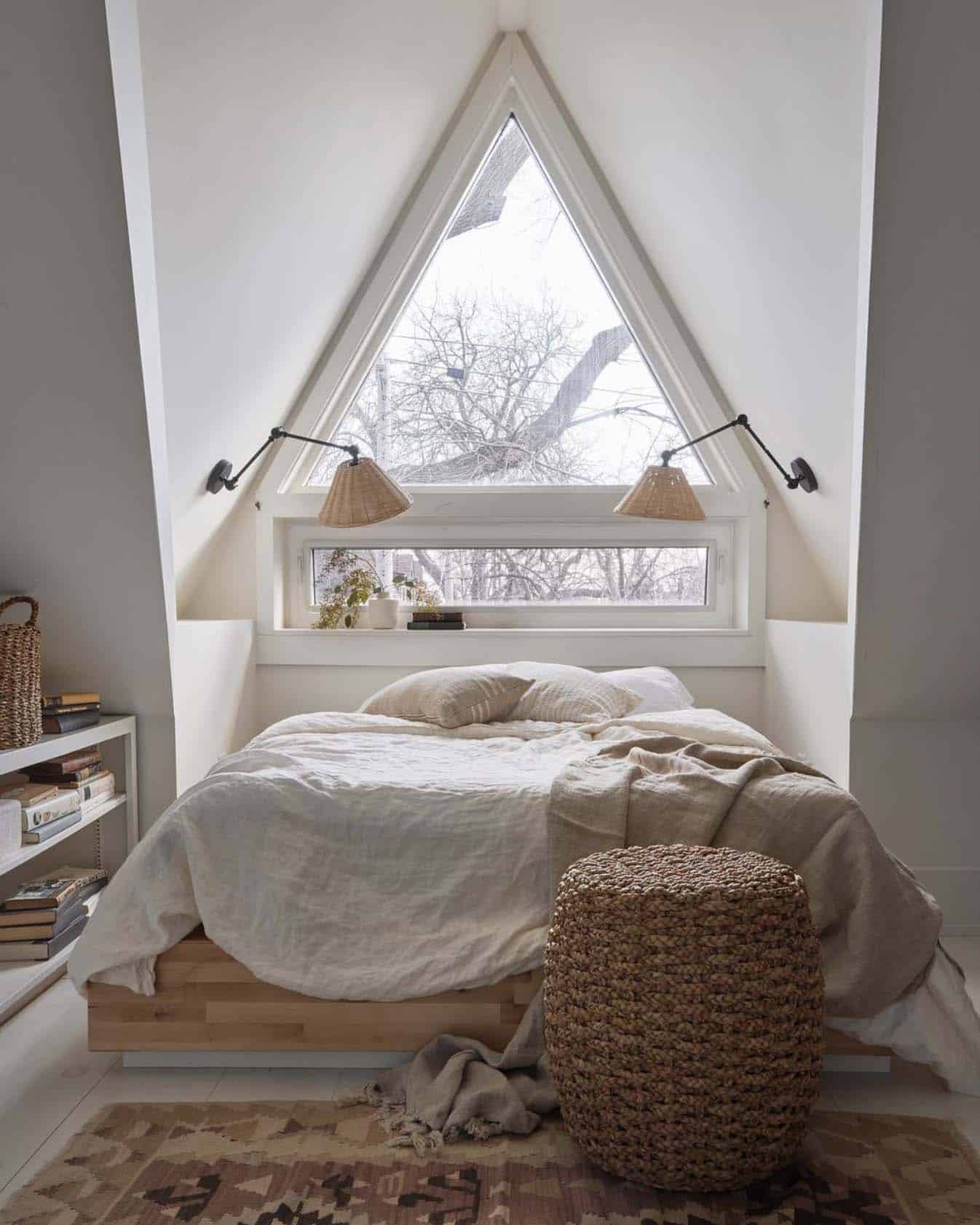 attic guest bedroom wit a large window