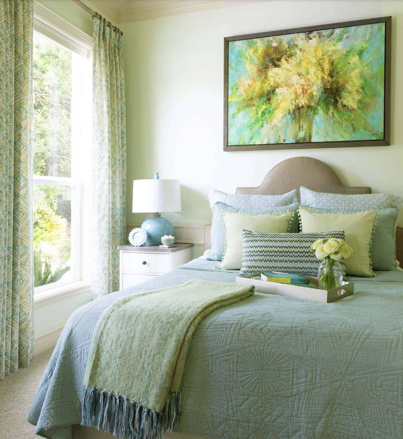 small guest bedroom with a nature-inspired color palette