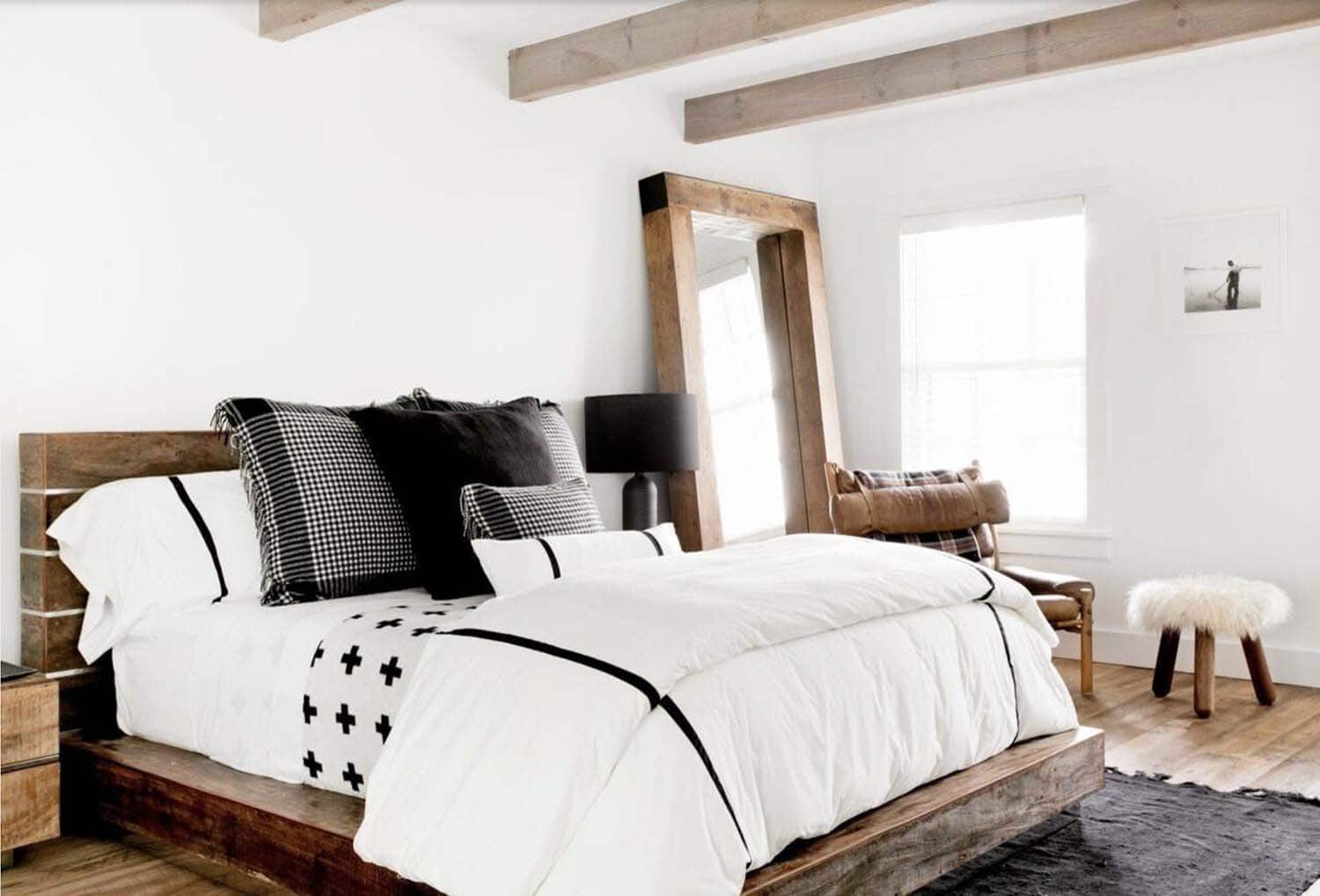 farmhouse style guest bedroom with a full-length custom mirror