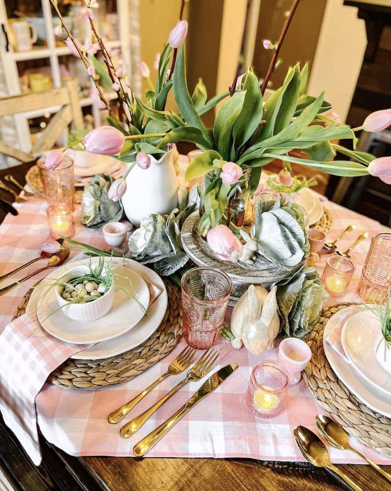 Easter bunny and pink tulip themed dining table decor
