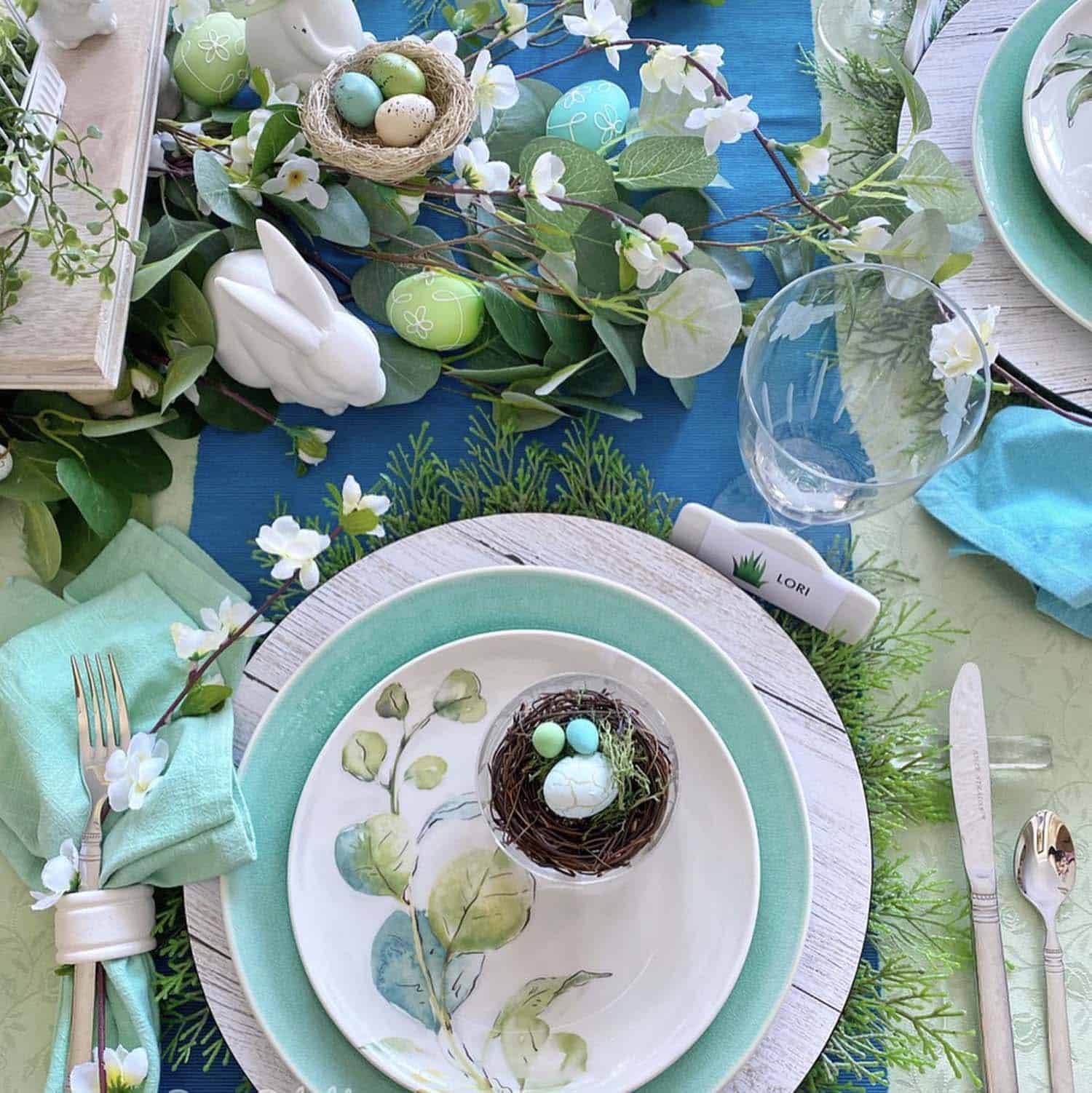 Easter dining table decor with personalized place settings
