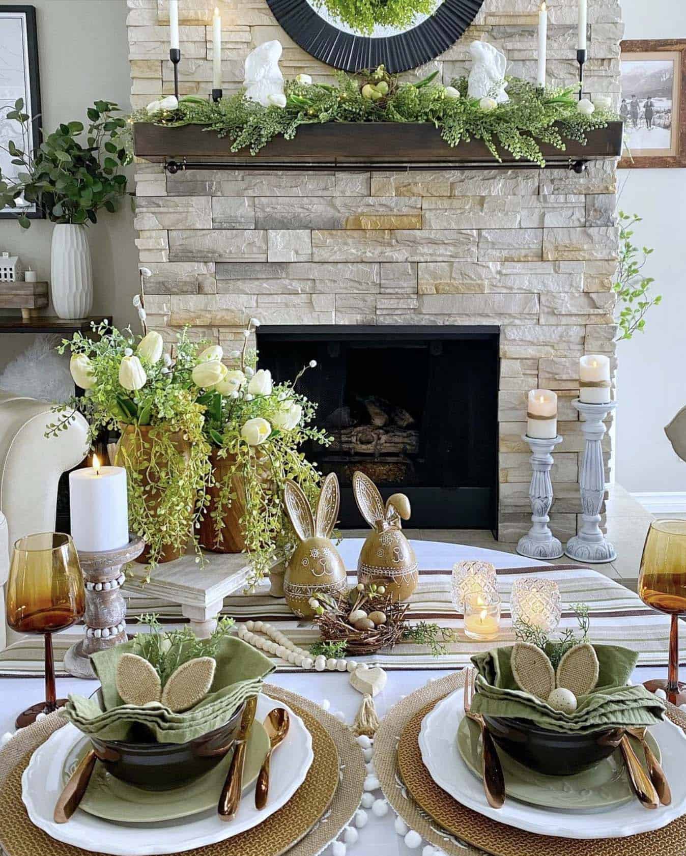 spring table decor with easter bunnies and Easter mantel styling