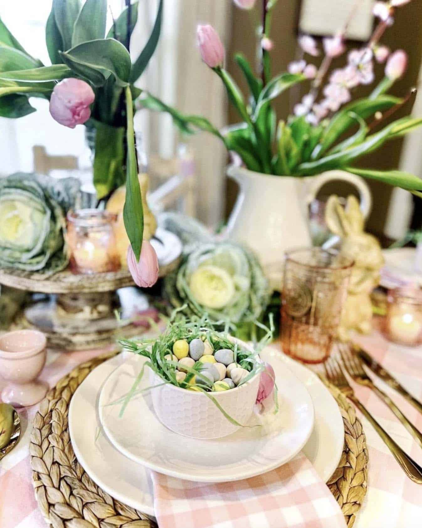 Easter bunny and pink tulip themed dining table 