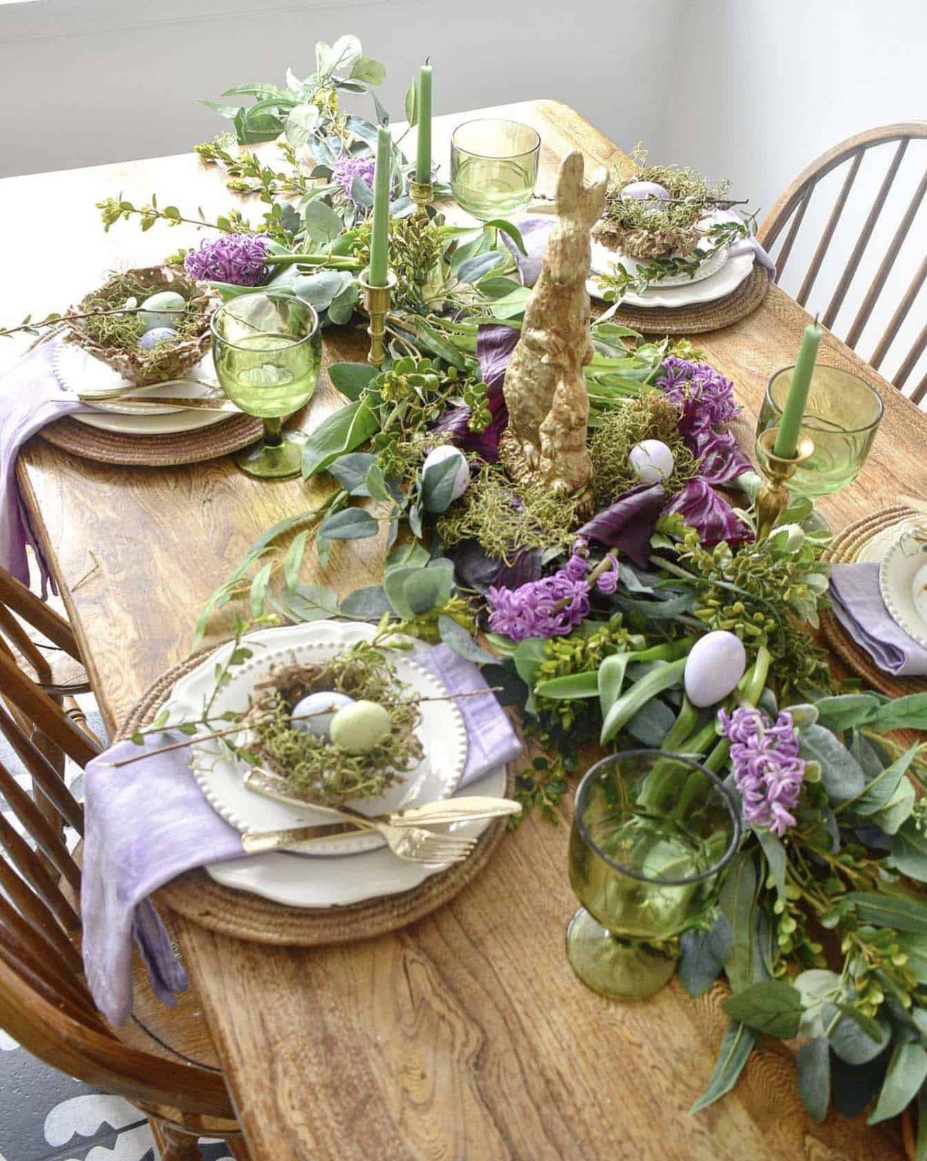 Easter dining table with green, purple, and touches of gold