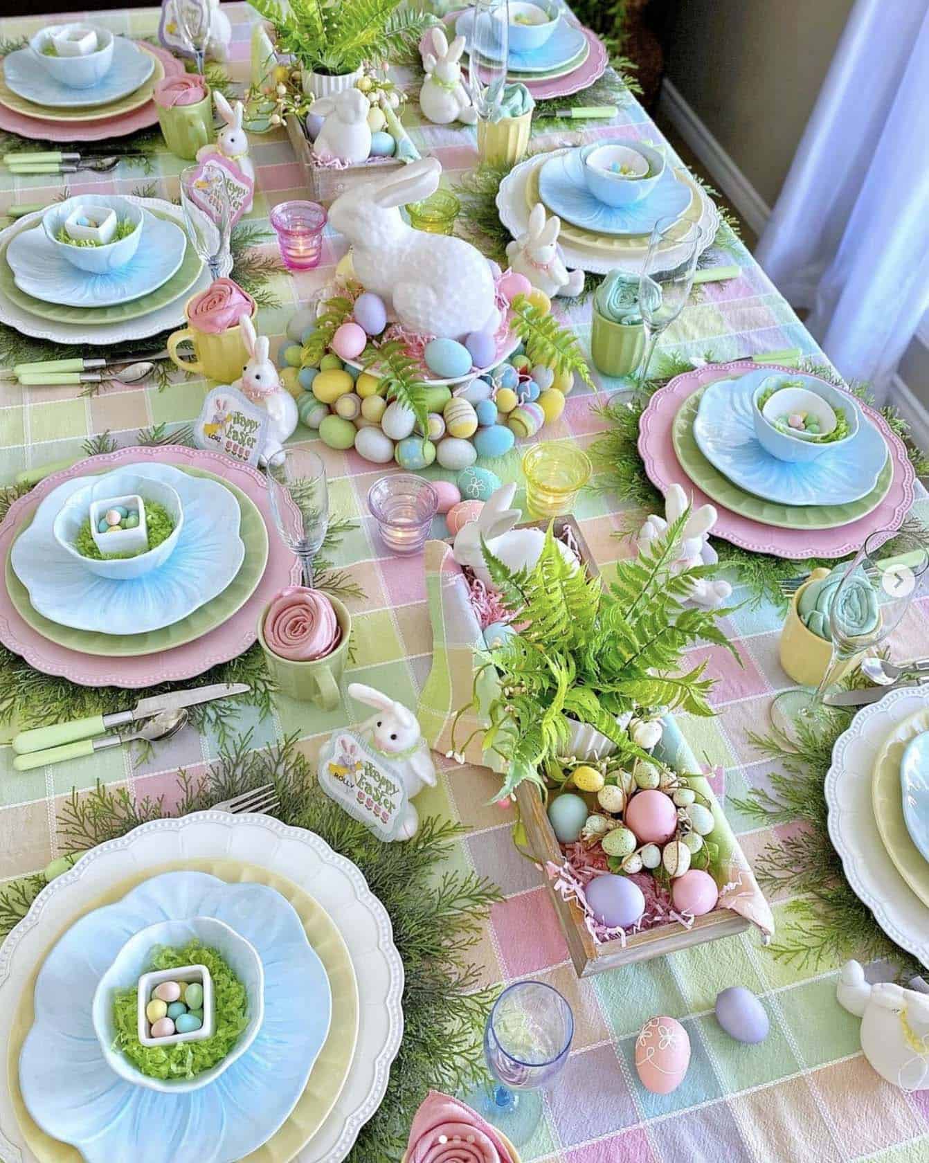 easter dining table decor with layers of pastels