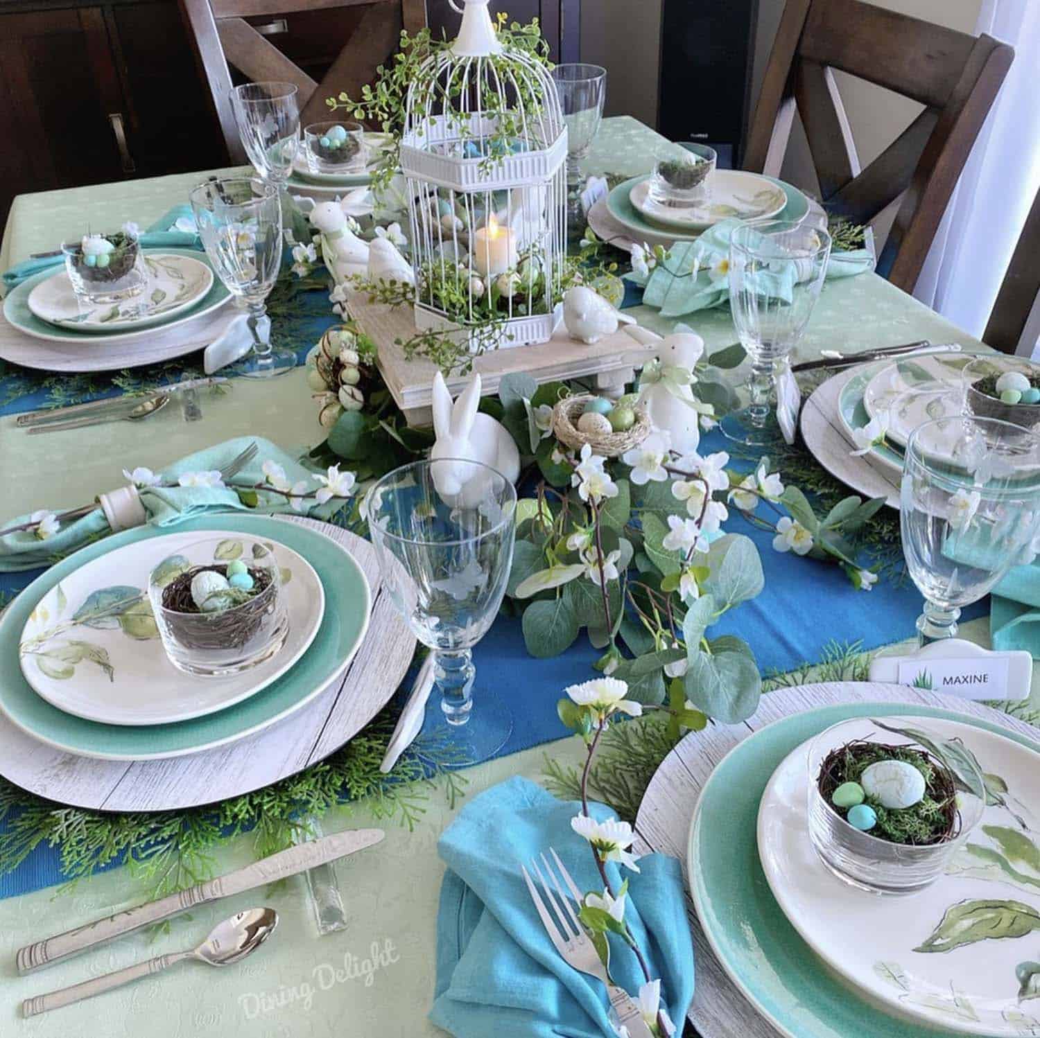 Easter dining table decor with personalized place settings