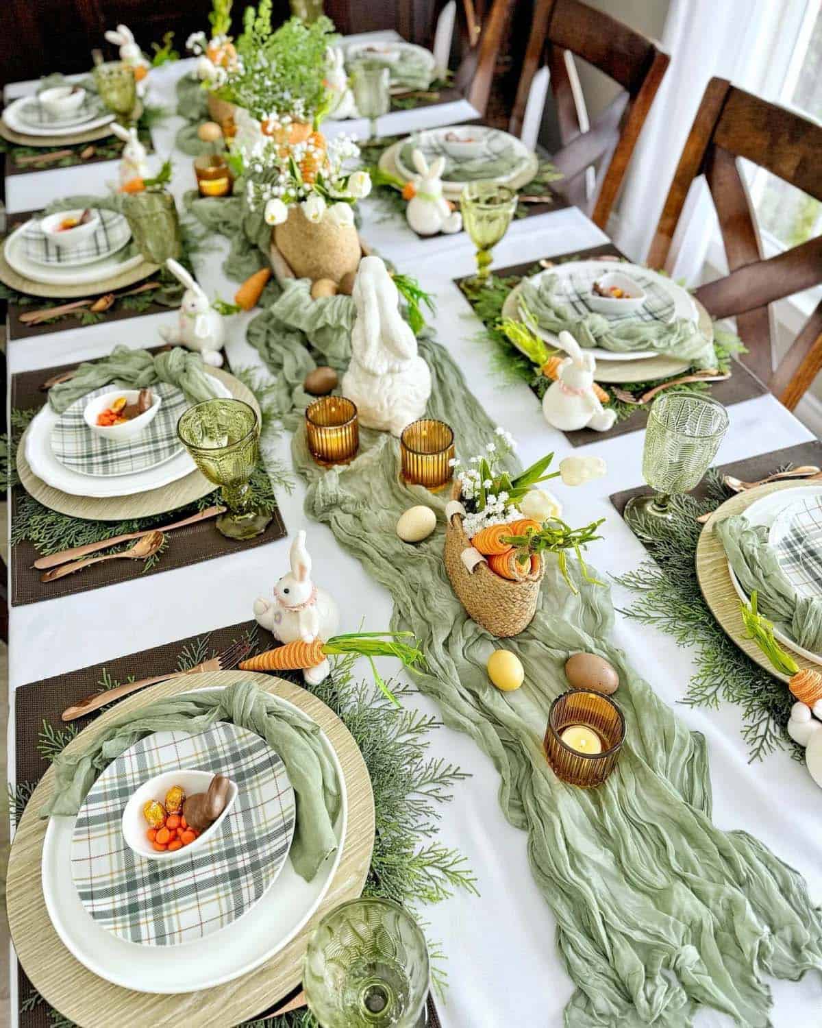 easter dining table with a cheesecloth runner and napkins