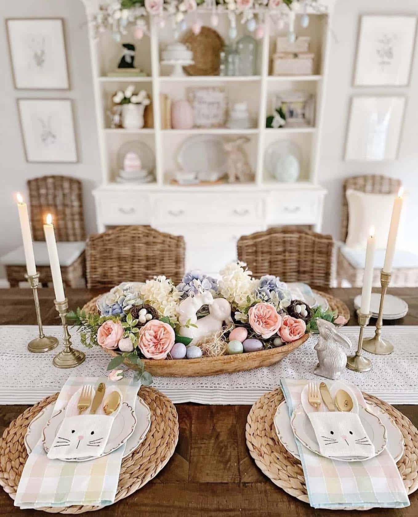 Easter dining table decorated with a dough bowl centerpiece