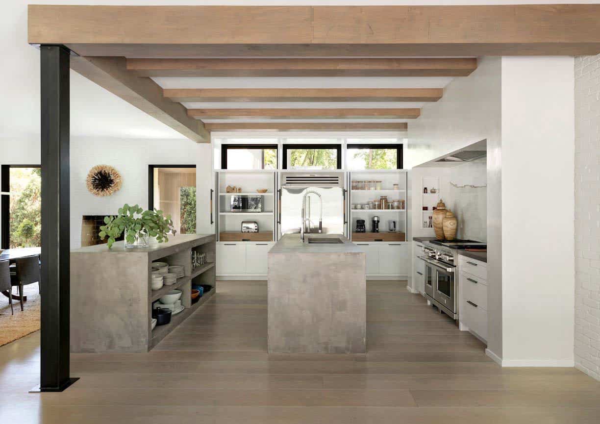 modern kitchen with wood beams on the ceiling
