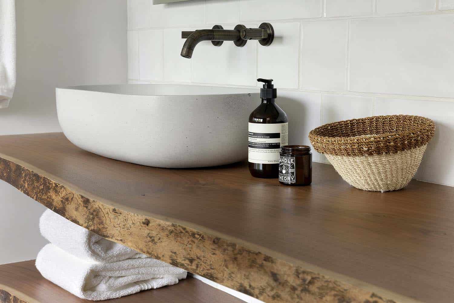 modern bathroom live edge wood countertop detail