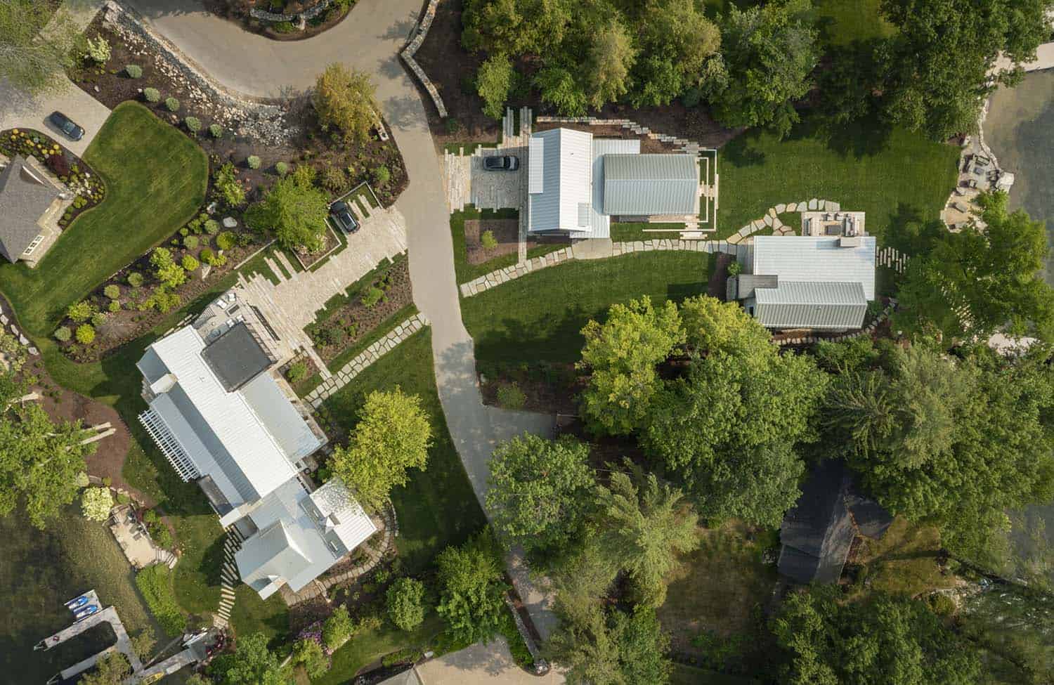 modern lake house exterior aerial view