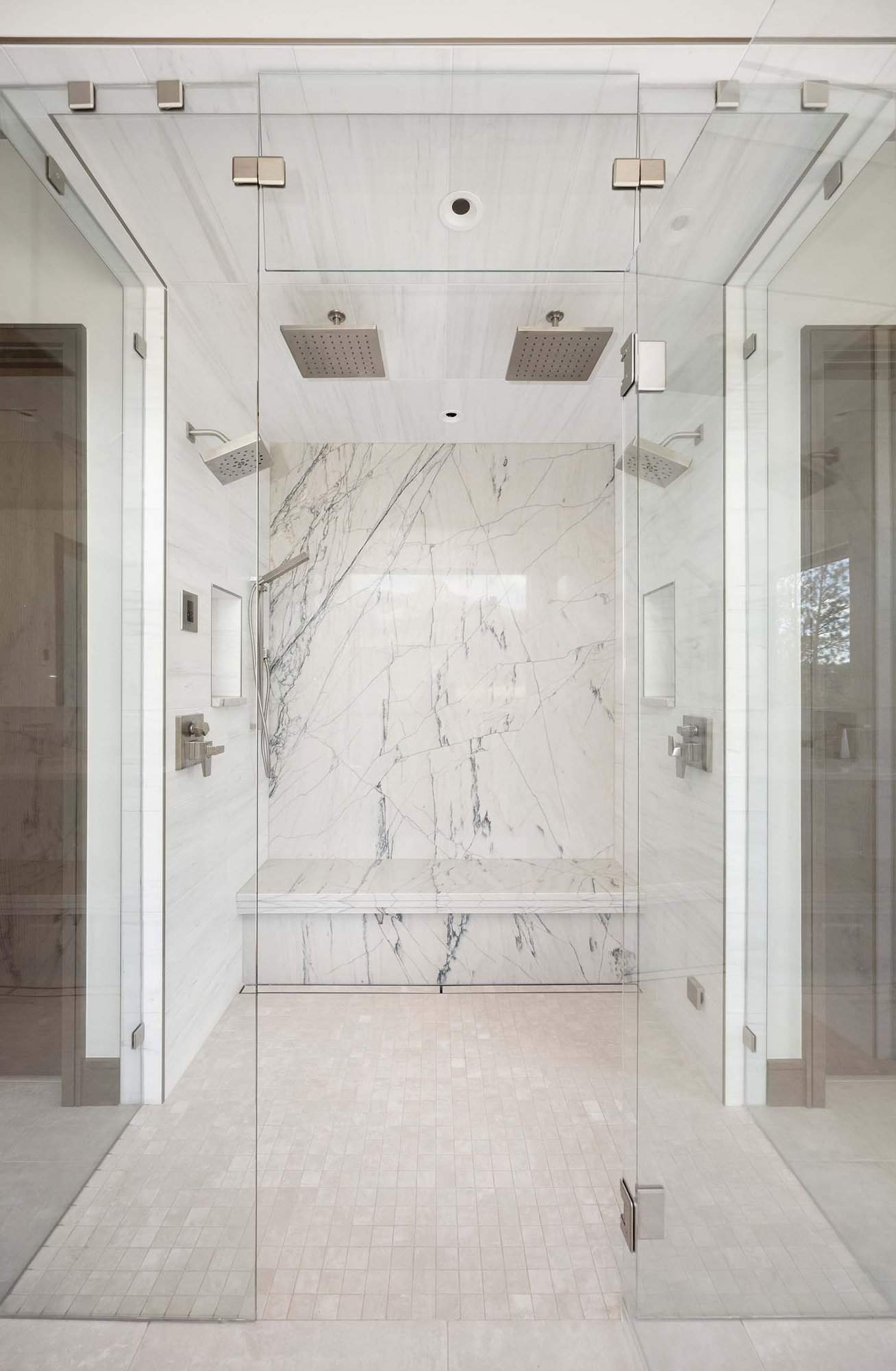 modern bathroom shower with white marble