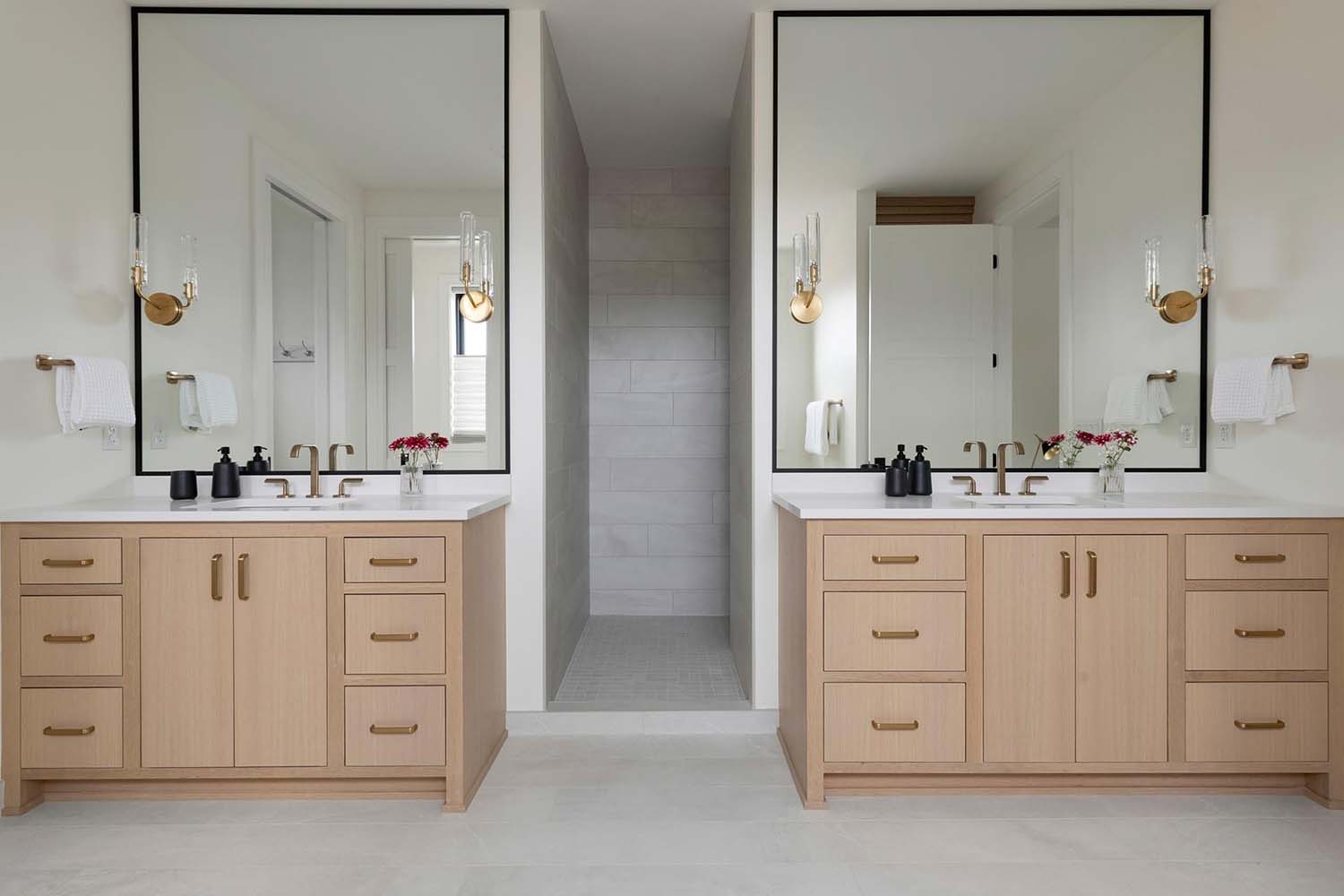 modern bathroom with dual vanities