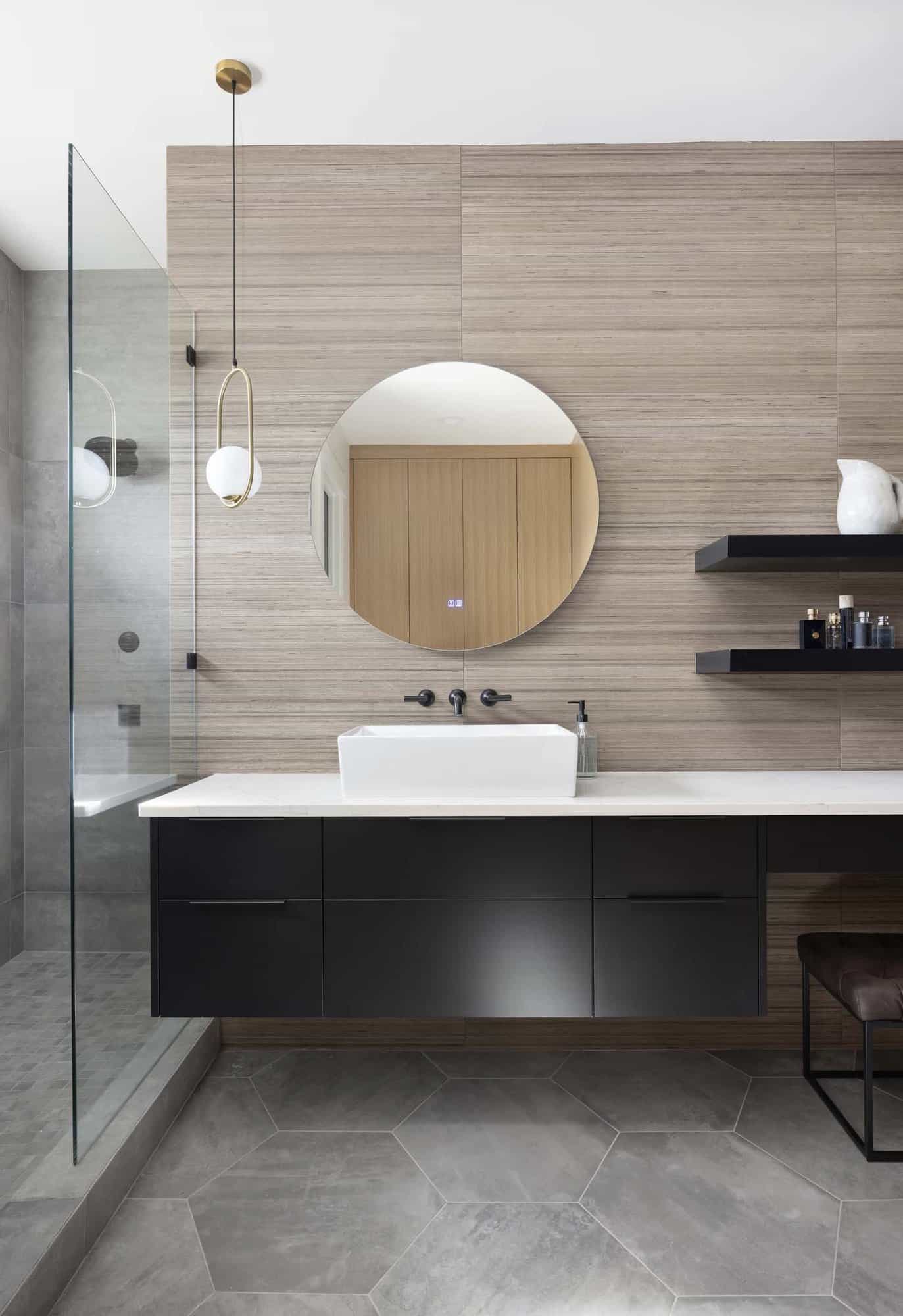 modern boy's teen bathroom with a vanity and shower