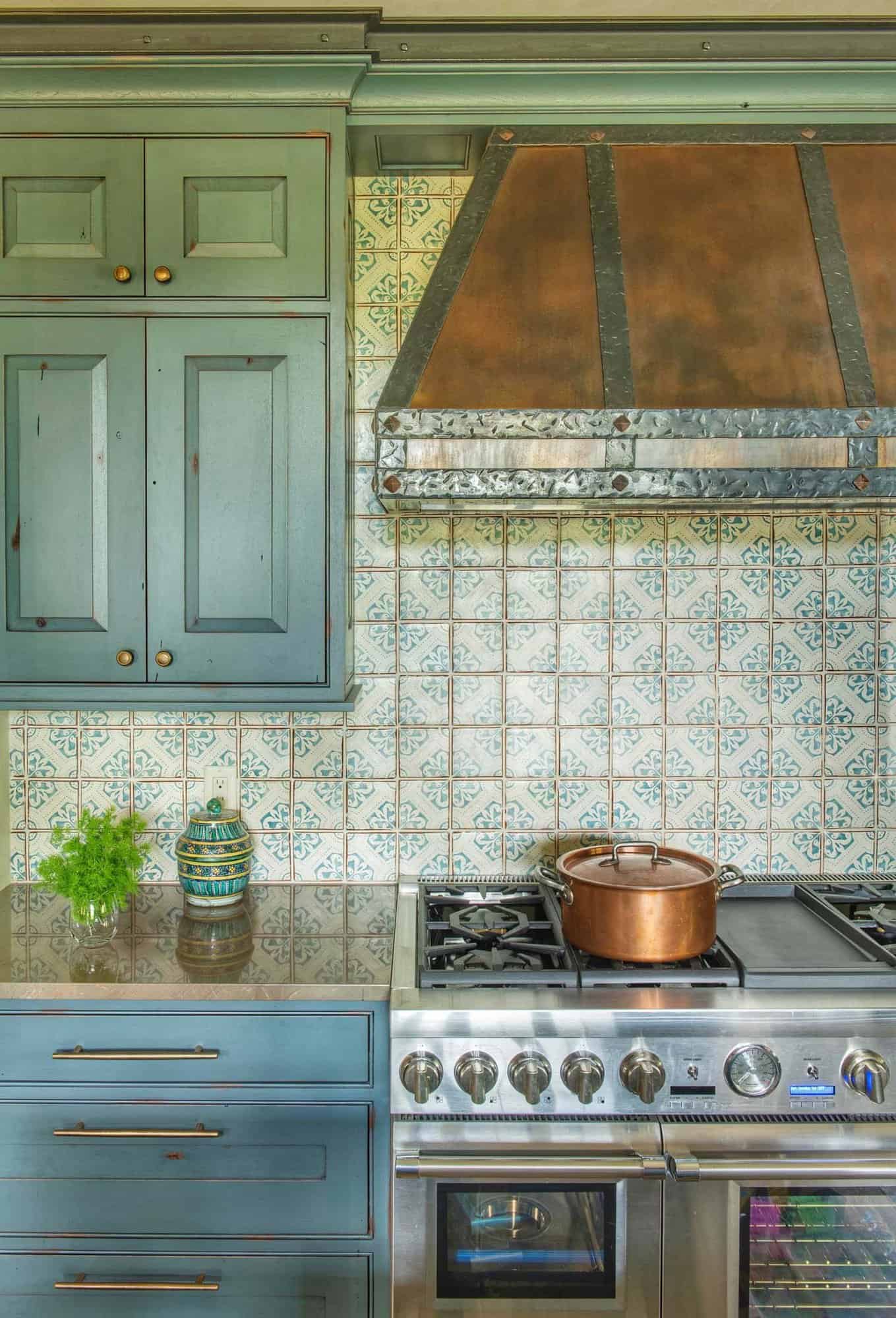 rustic kitchen range wall with a handcrafted tile backsplash
