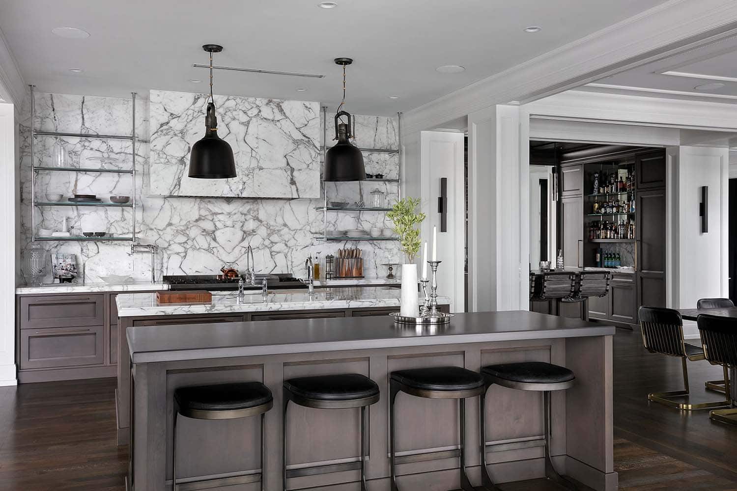 transitional style kitchen with pendant lights