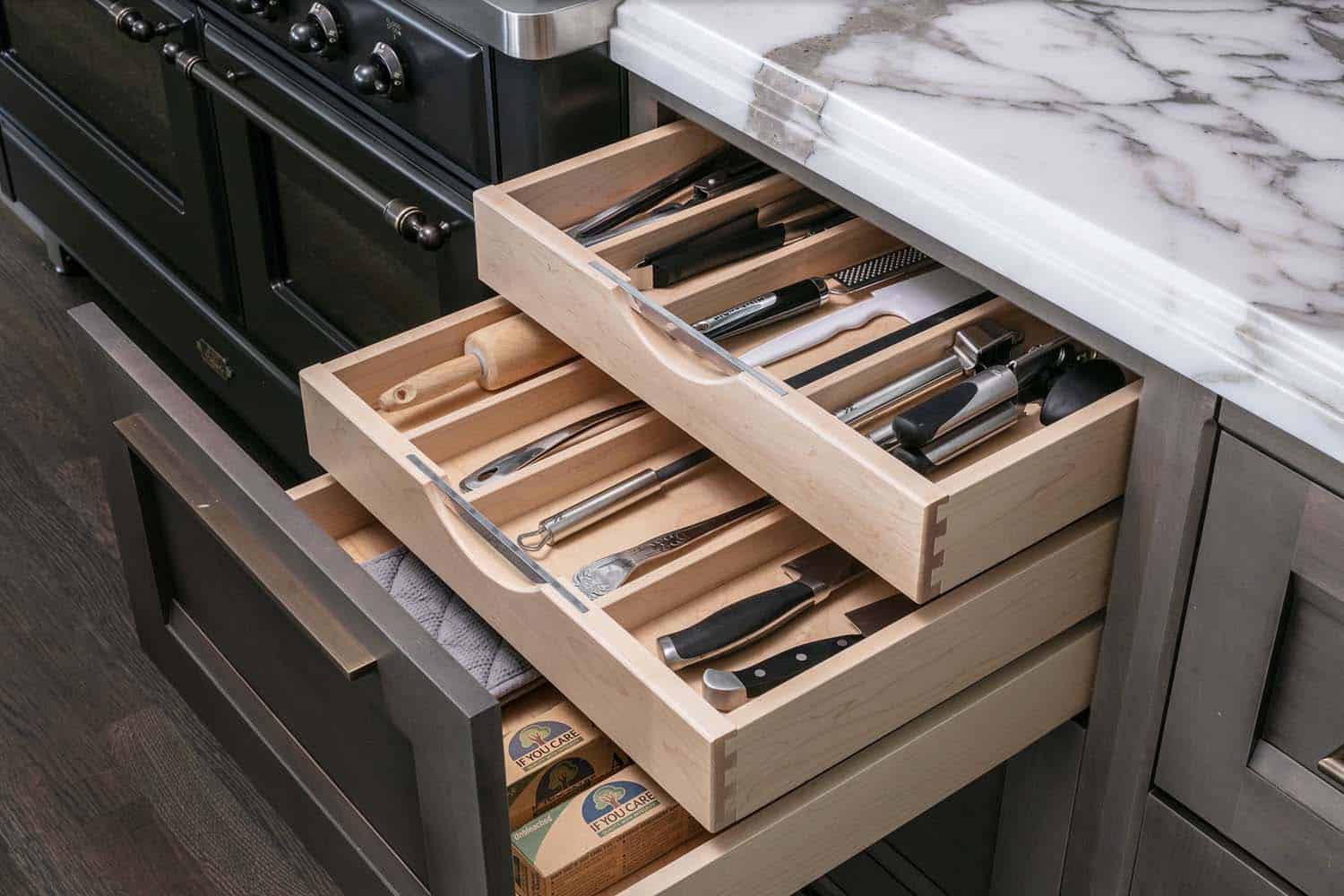 transitional style kitchen drawer storage detail