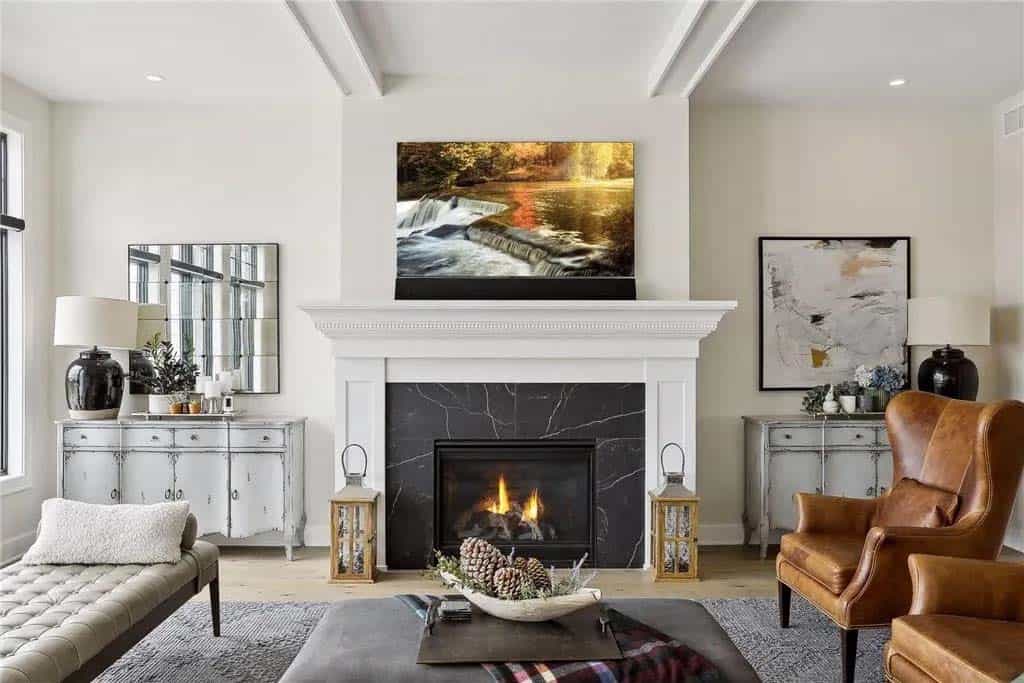 transitional style living room with a fireplace