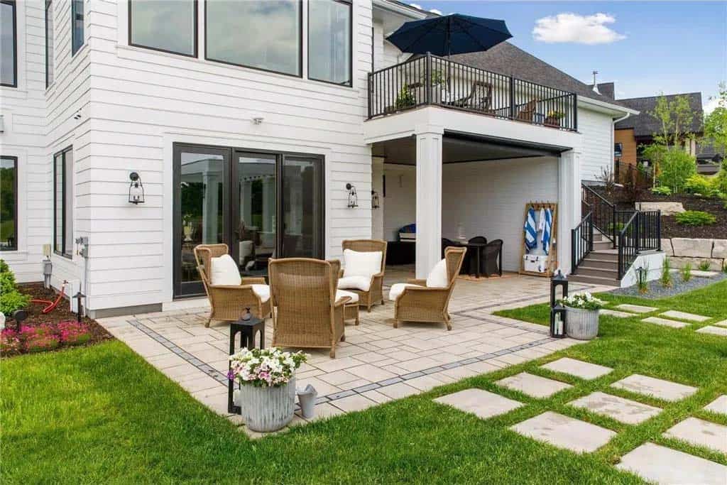 transitional style home exterior backyard patio