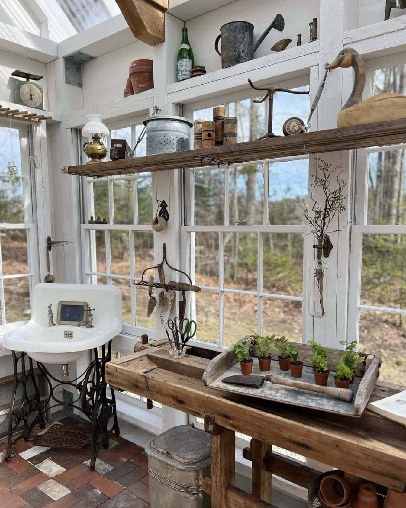 garden shed retreat with a potting table and sink