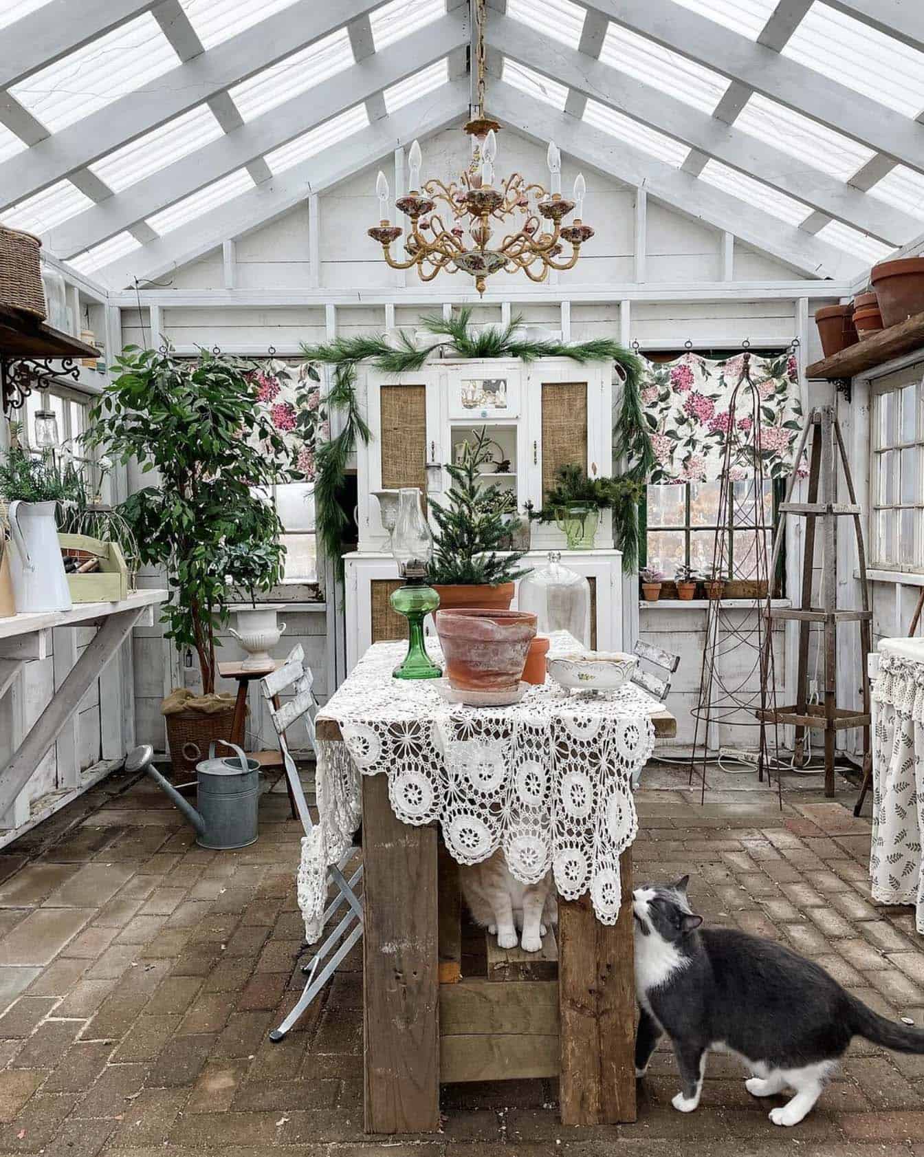country potting shed with a large bench and chandelier