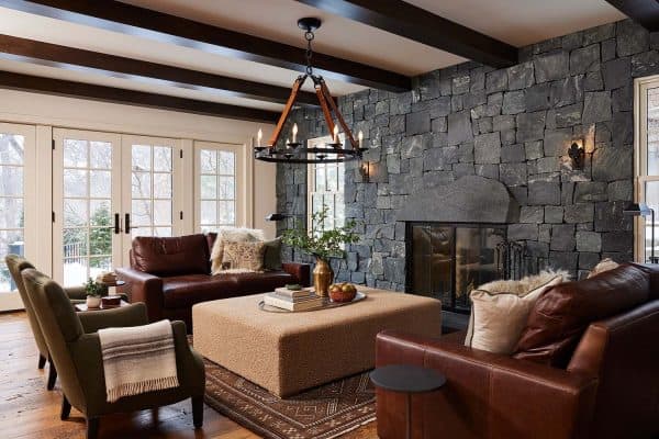 transitional living room with a fireplace