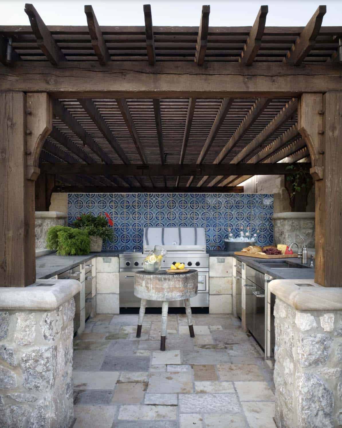 mediterranean patio with a pergola and grilling station