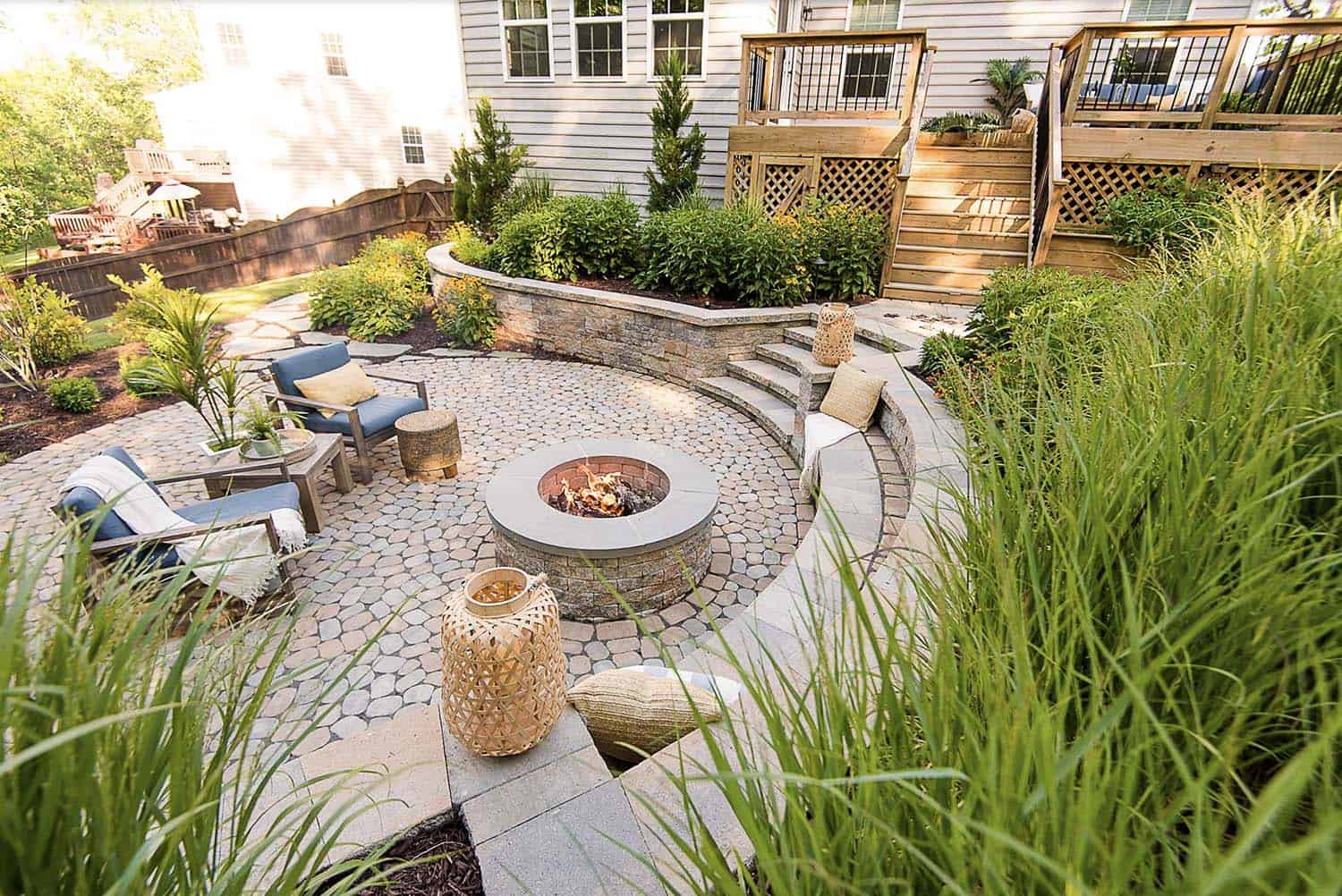 transitional patio with a fire pit and retaining walls