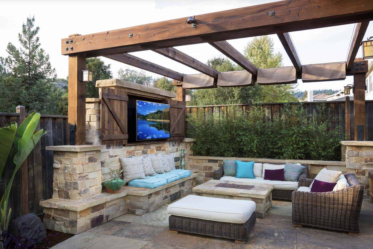 traditional patio with a pergola, outdoor tv and seating