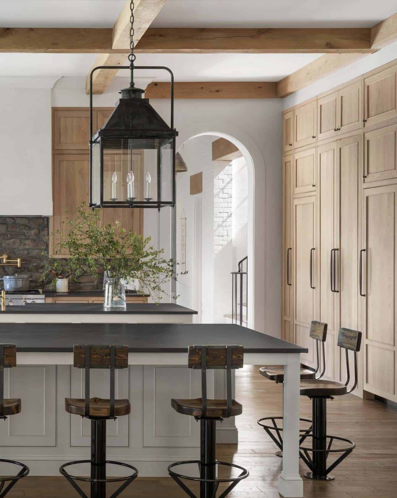 contemporary kitchen with large pendant lights