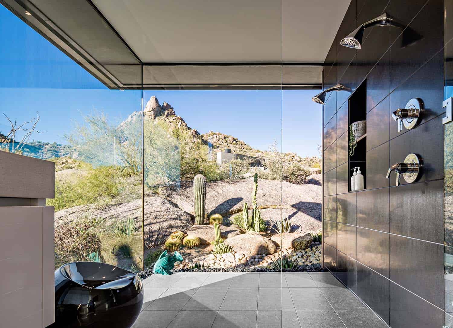 contemporary bathroom shower with floor-to-ceiling windows