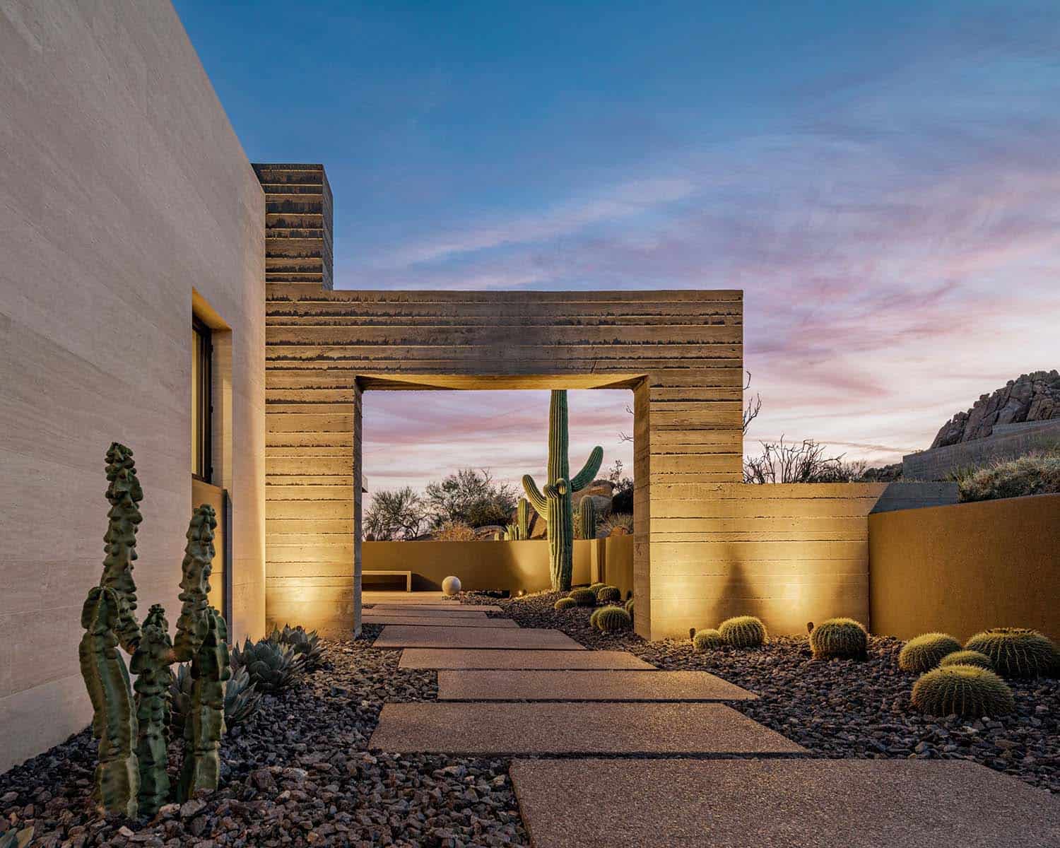 contemporary desert home exterior at dusk
