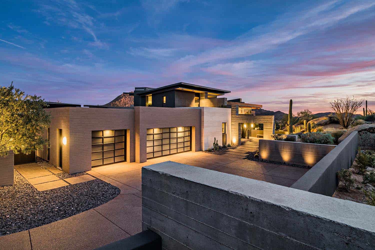 contemporary desert home exterior at dusk
