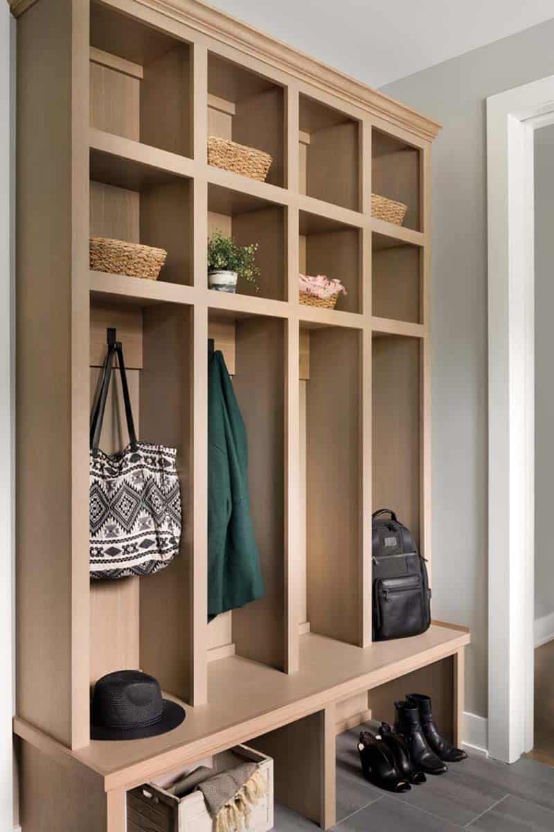 modern farmhouse mudroom with storage cubbies