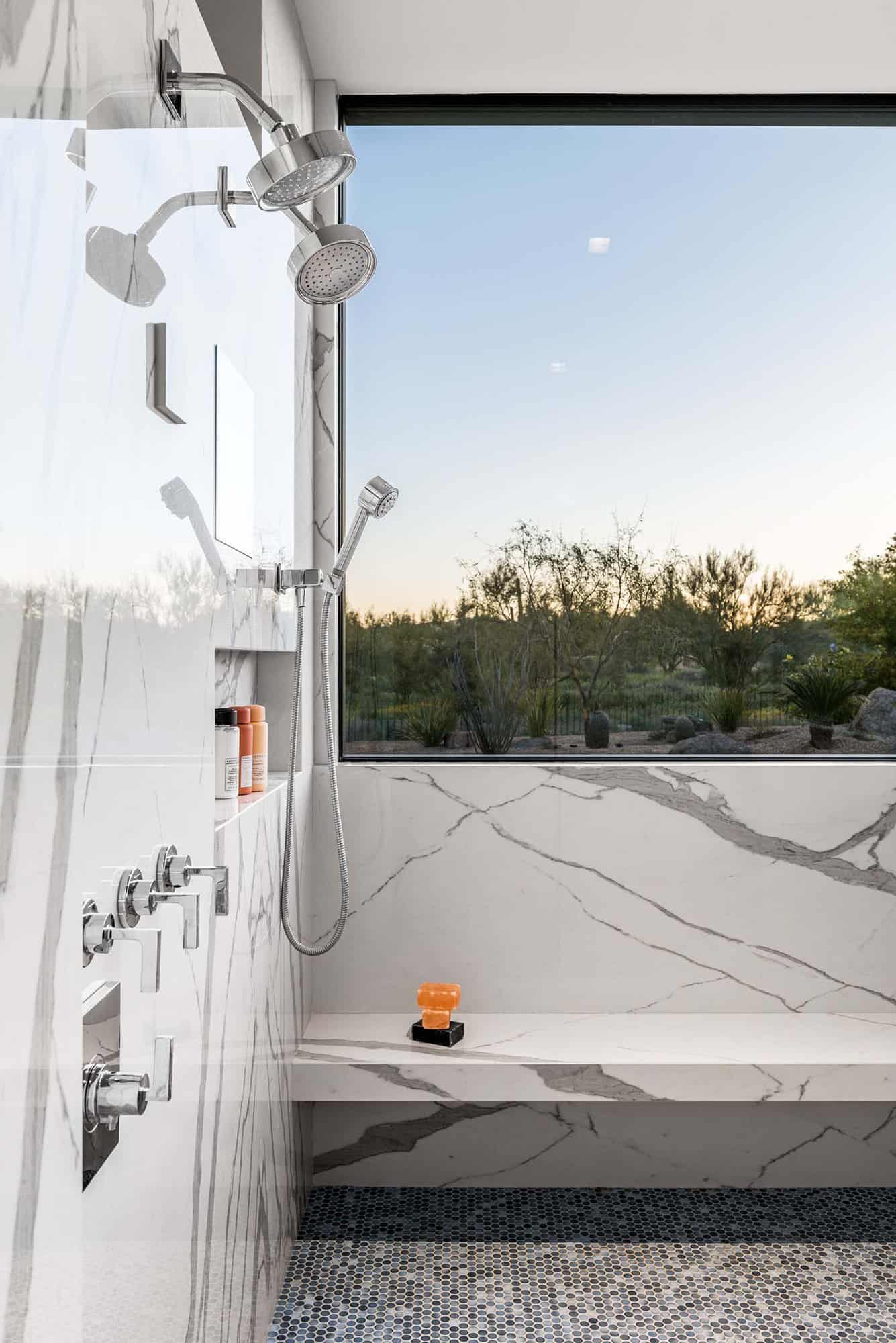 modern shower with white marble