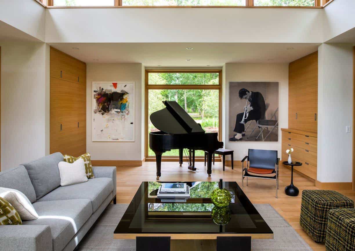 modern living room with a piano