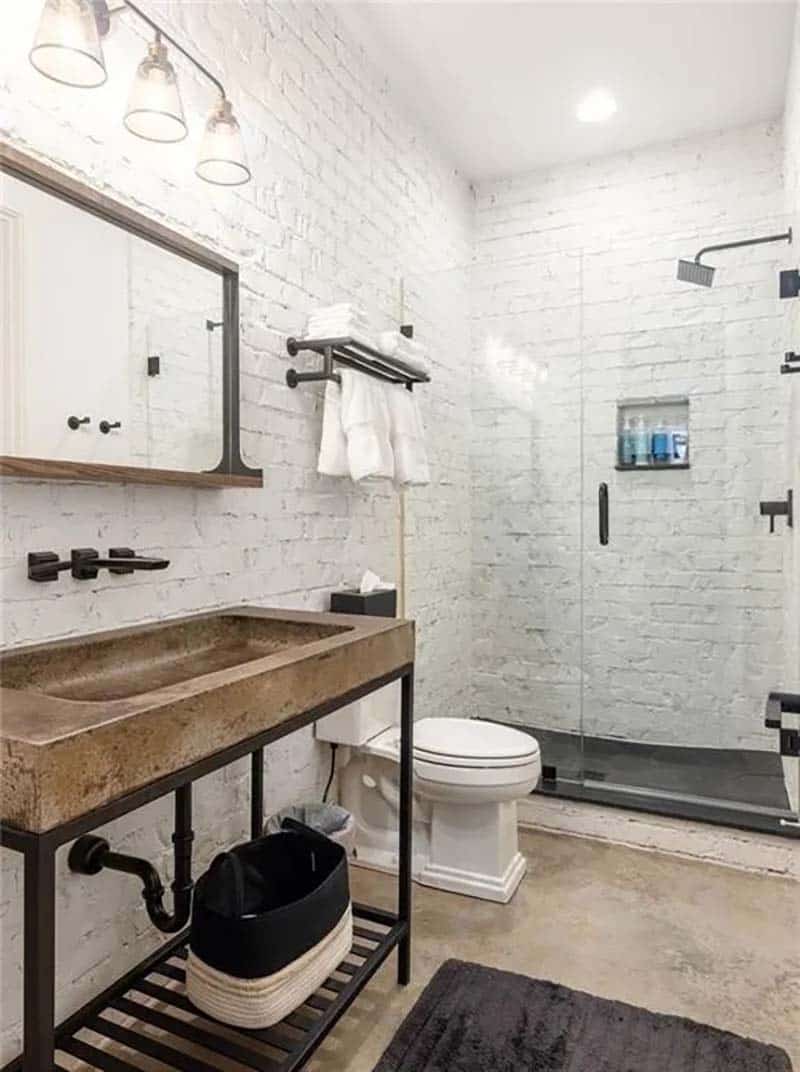 modern farmhouse bathroom with a trough sink