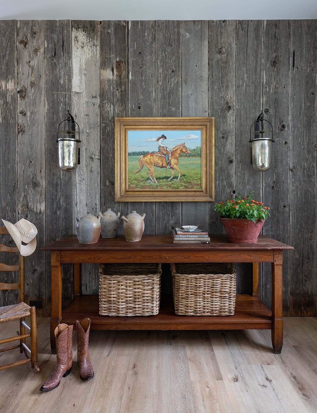 modern farmhouse entry with a console table
