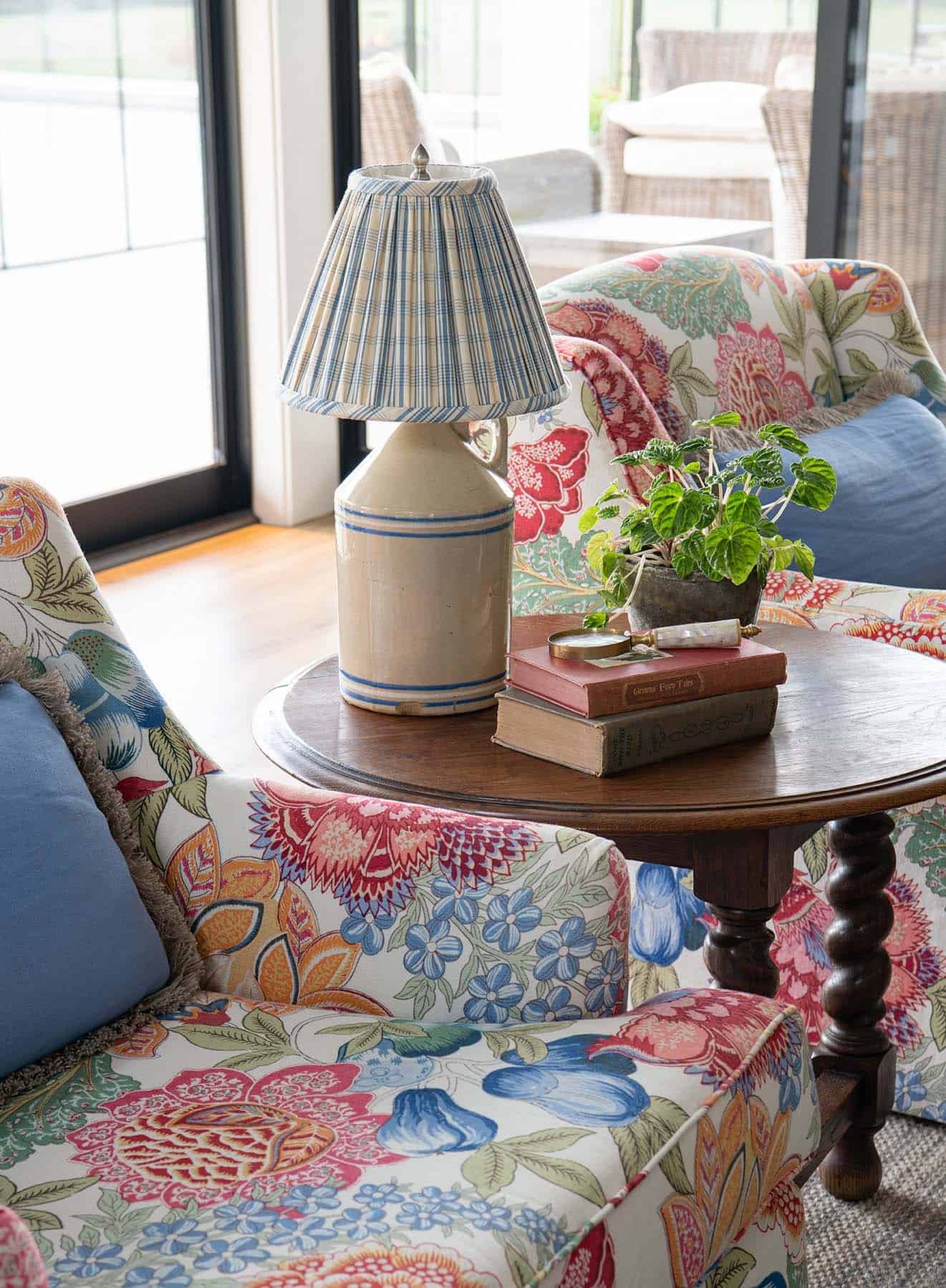 modern farmhouse living room chair and table detail