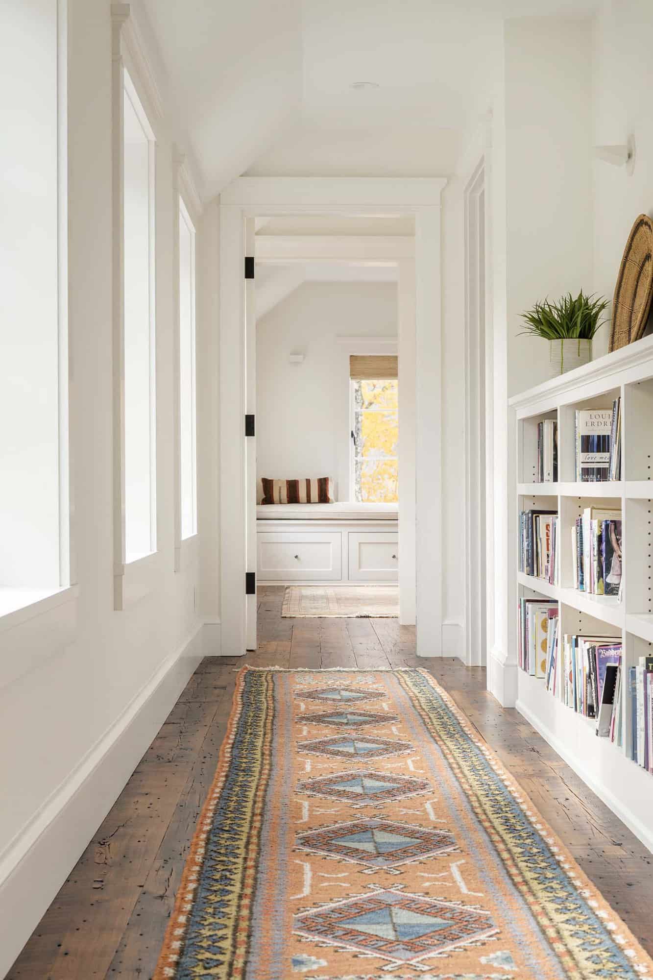 modern farmhouse hallway with built-in shelving