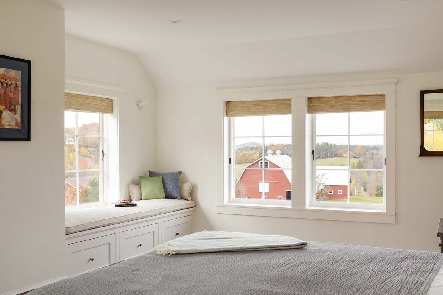 modern farmhouse bedroom with a built-in window seat