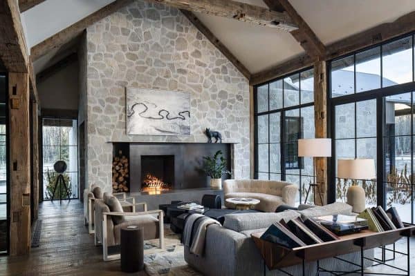 modern mountain style living room with a fireplace