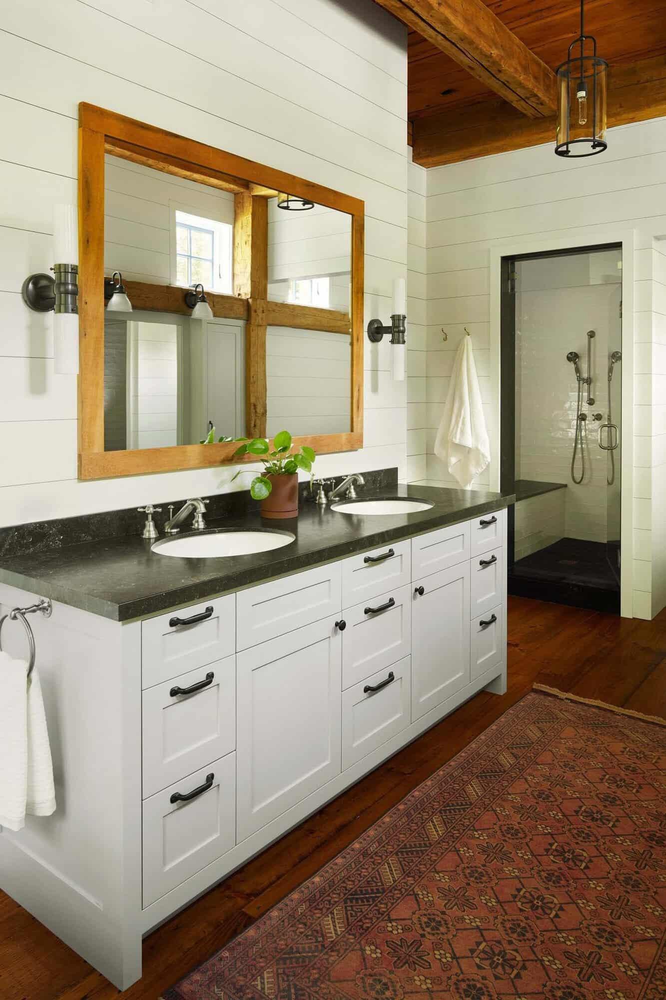 modern rustic bathroom vanity and shower