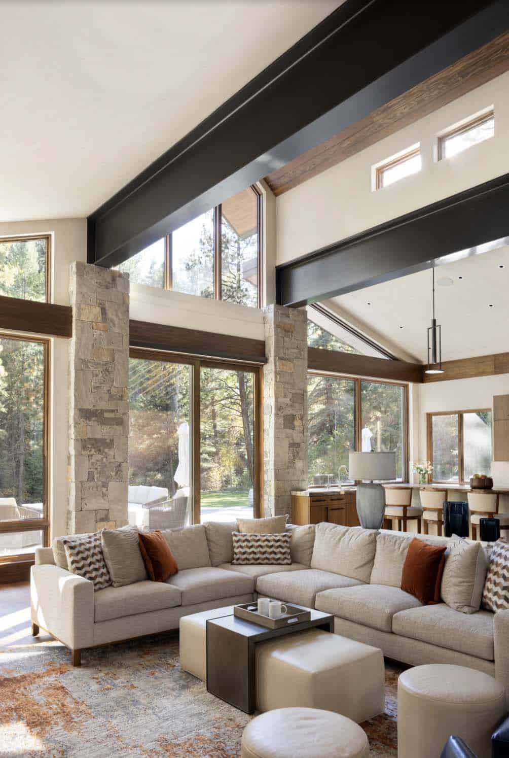 rustic modern living room with high ceilings