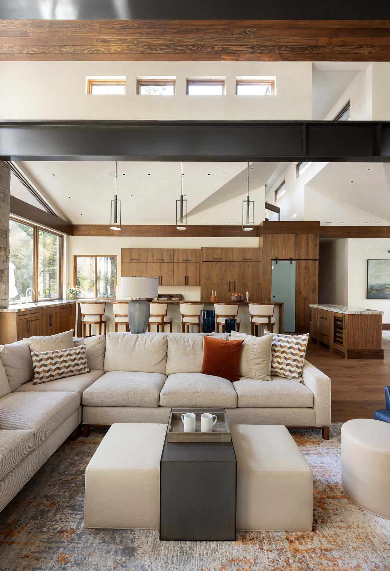 rustic modern living room with high ceilings